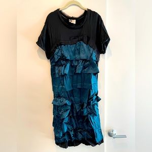 Lanvin Silk Ruffle Short Sleeve Dress Turquoise & Black Size L